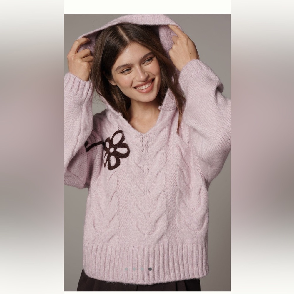 Anthropologie Maeve Embroidered Flower Hooded Cable Knit Sweater- XL